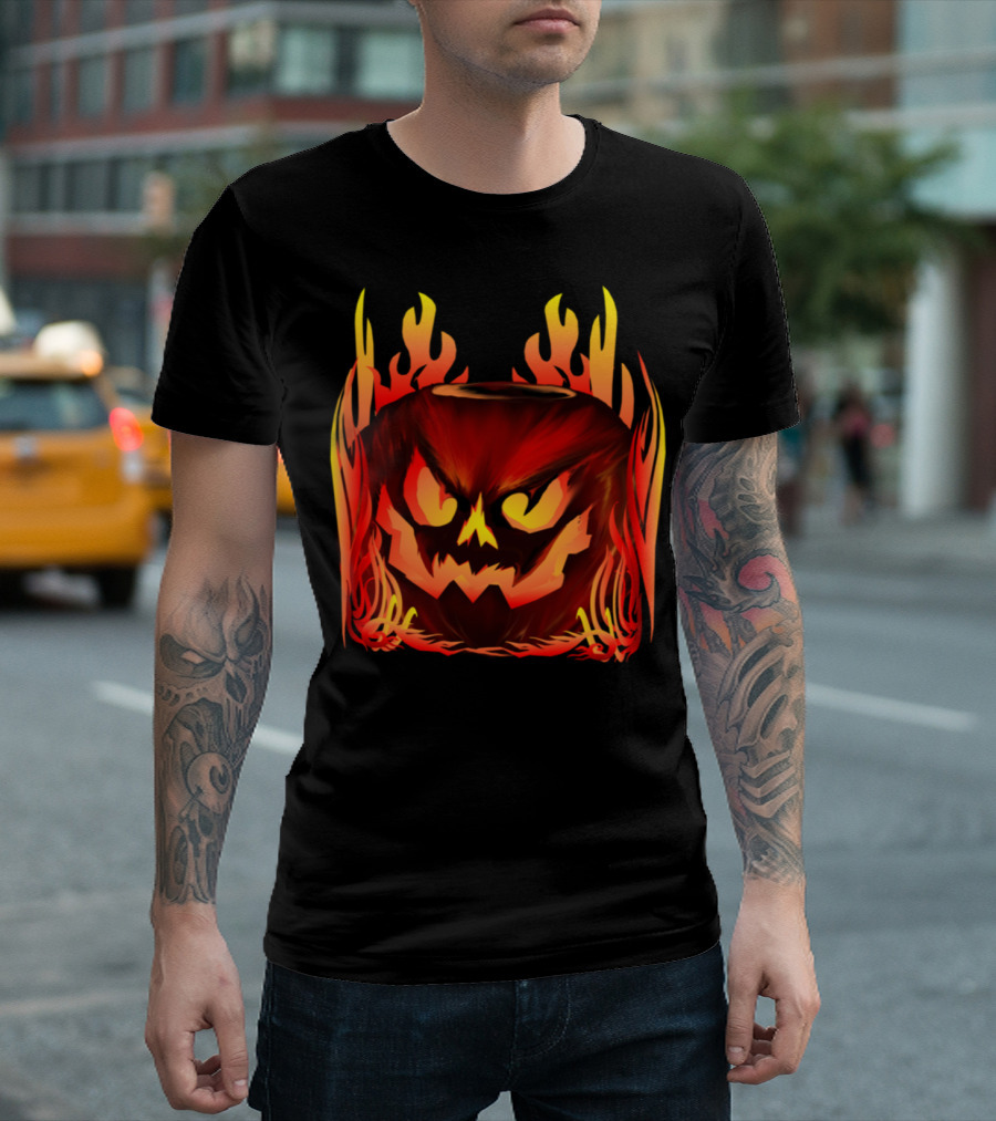 Big Flaming Pumpkin Face in Fiery Red and Orange T-Shirt