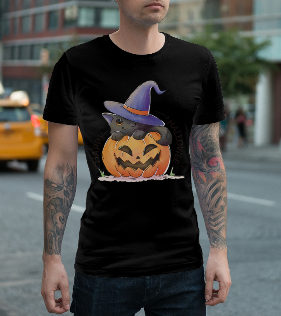 Happy Halloween Cat Pumpkin Hat T-Shirt