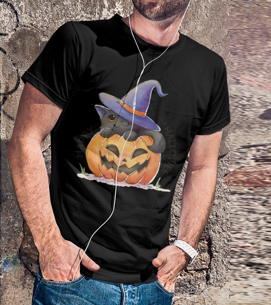 Happy Halloween Cat Pumpkin Hat T-Shirt