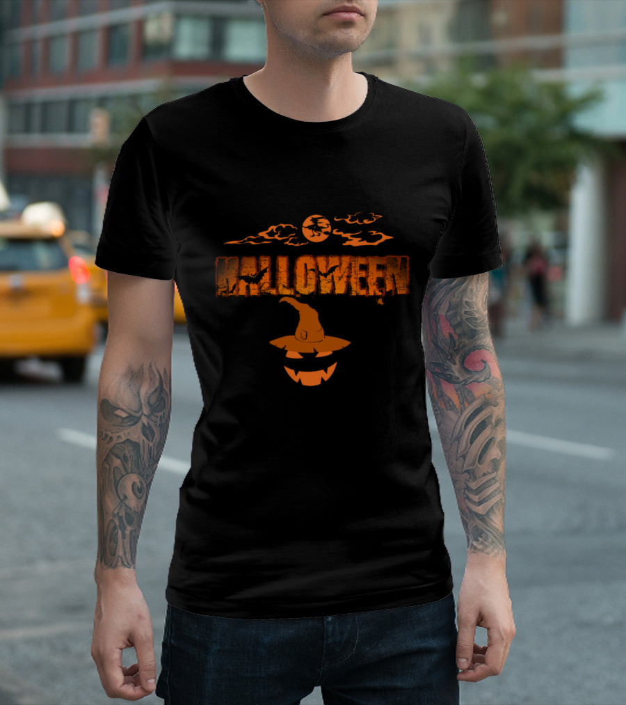 Halloween Pumpkin Face Witch Hat Moon and Clouds T-Shirt