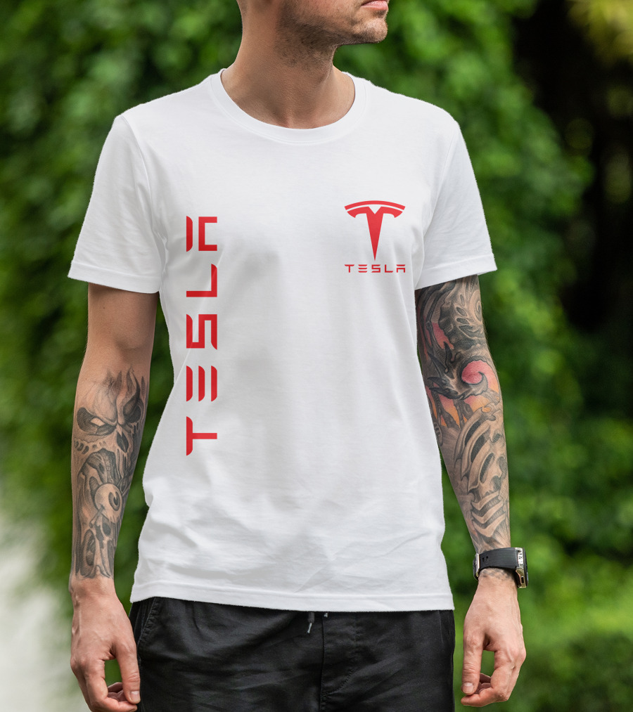 Tesla Vertical And Logo Red T-Shirt