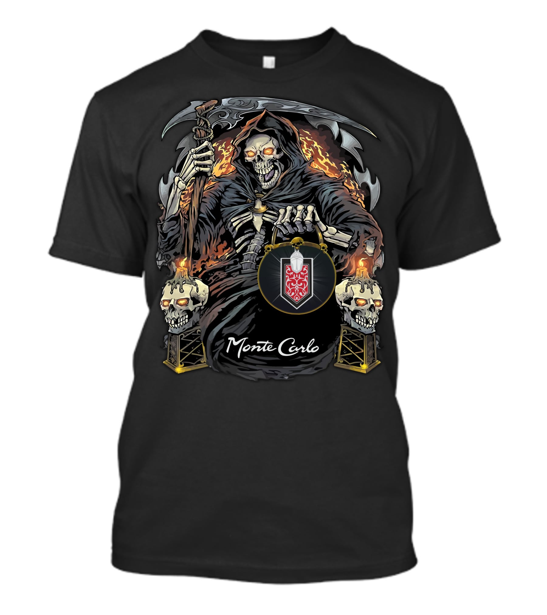 Monte Carlo Grim Reaper With Scythe And Flaming Skulls T-Shirt