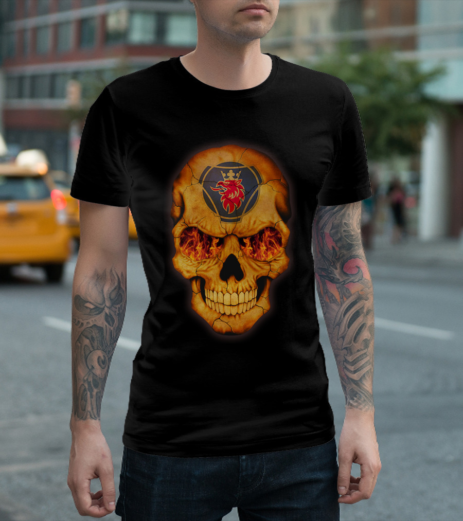 SCANIA Skull with Fiery Eyes and Lion Emblem T-Shirt
