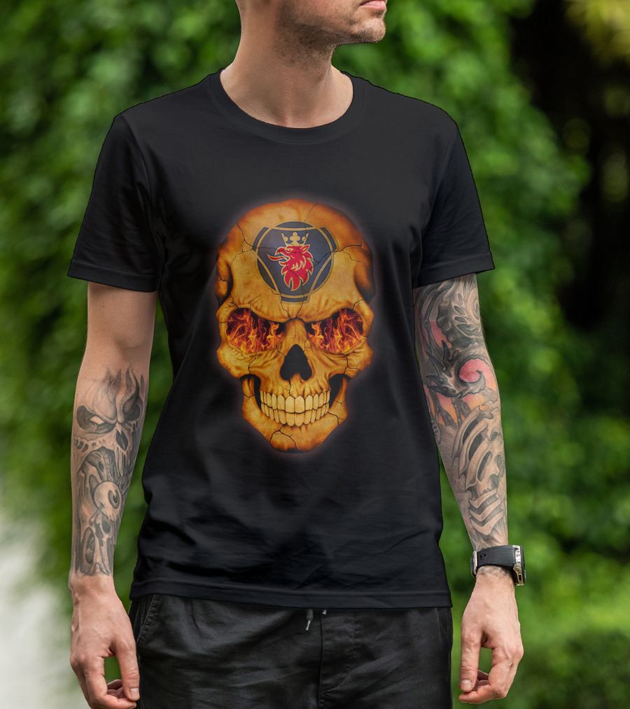 SCANIA Skull With Fiery Eyes And Lion Emblem T-Shirt