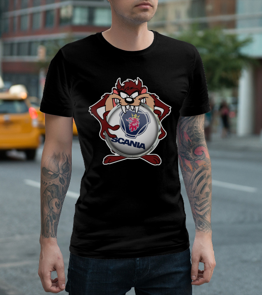 TAZ SCANIA Logo With Cartoon Character Holding Emblem T-Shirt
