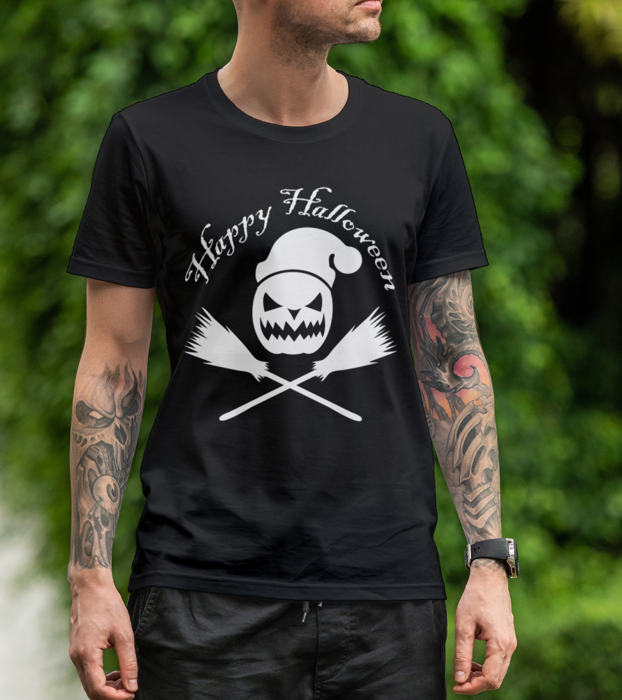 Happy Halloween Pumpkin With Santa Claus Hat And Broomsticks T-Shirt