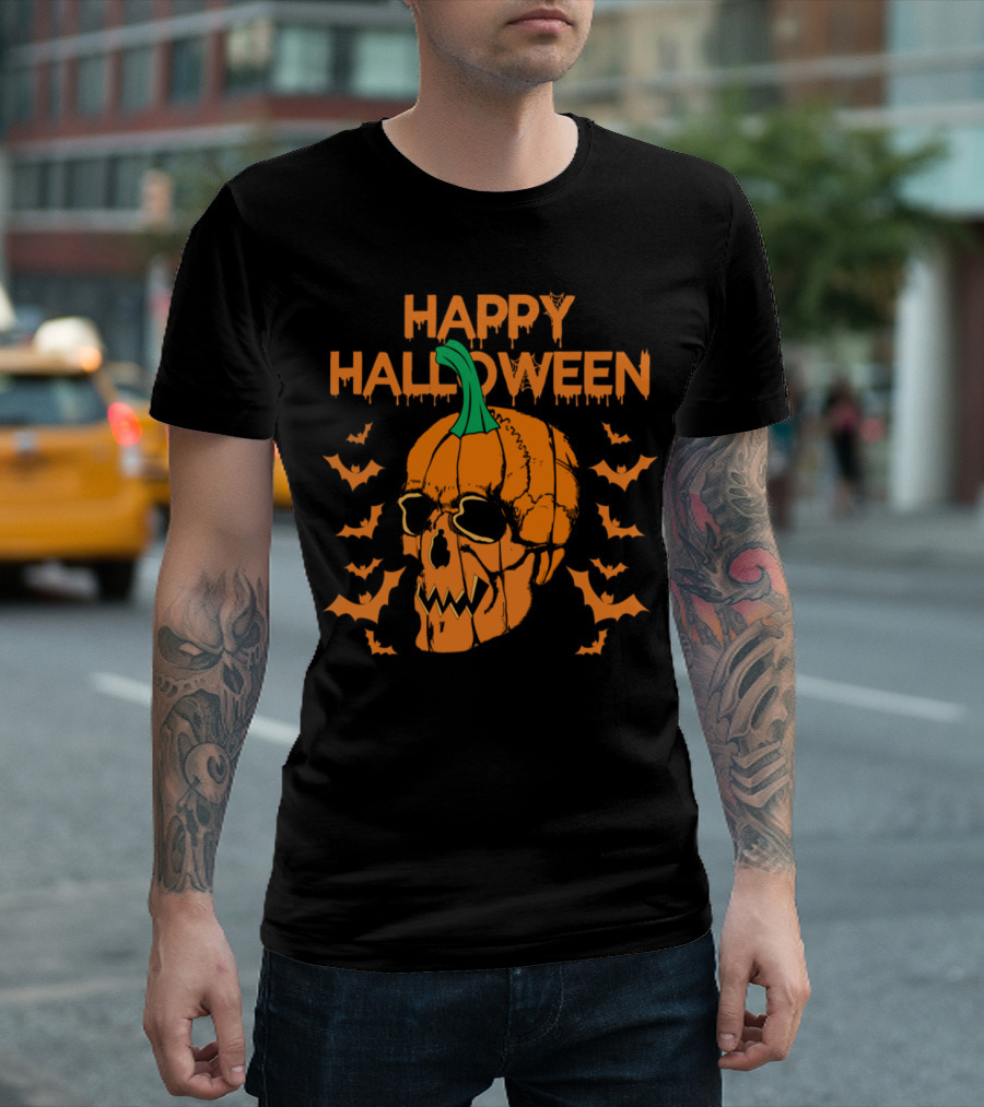 Happy Halloween Skull Bats Pumpkin T-Shirt