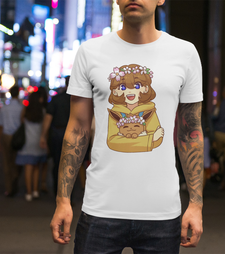 Ash With Flower Crown And Eevee Hugging T-Shirt