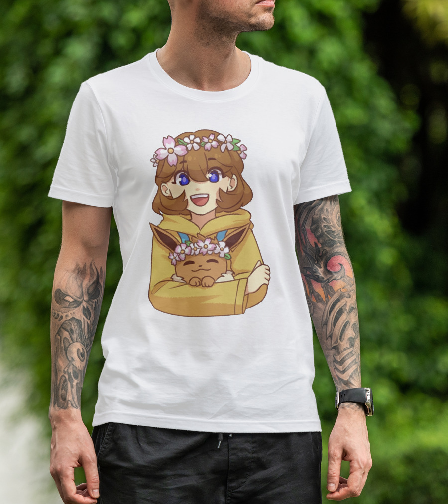 Ash With Flower Crown And Eevee Hugging T-Shirt