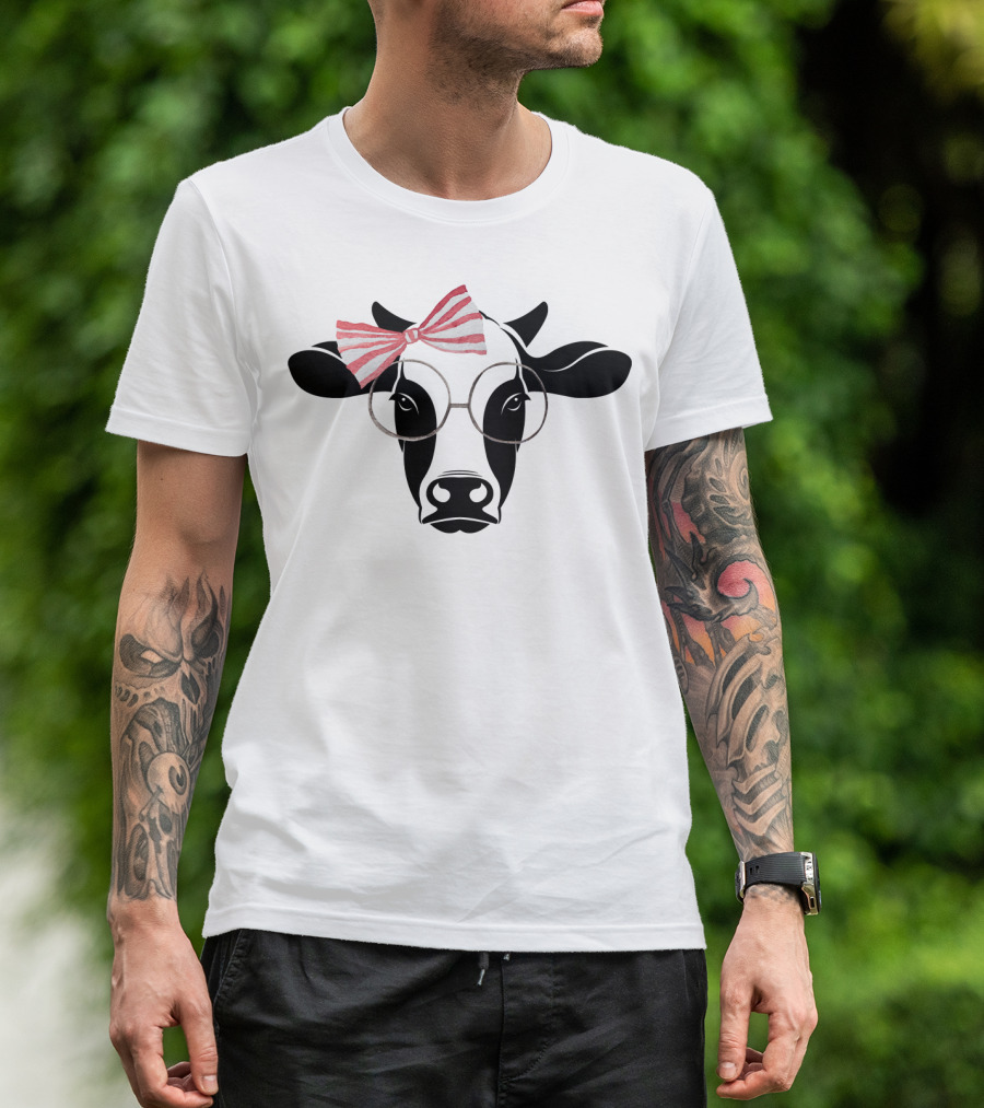Cute Cow With Pink Striped Bow And Glasses T-Shirt