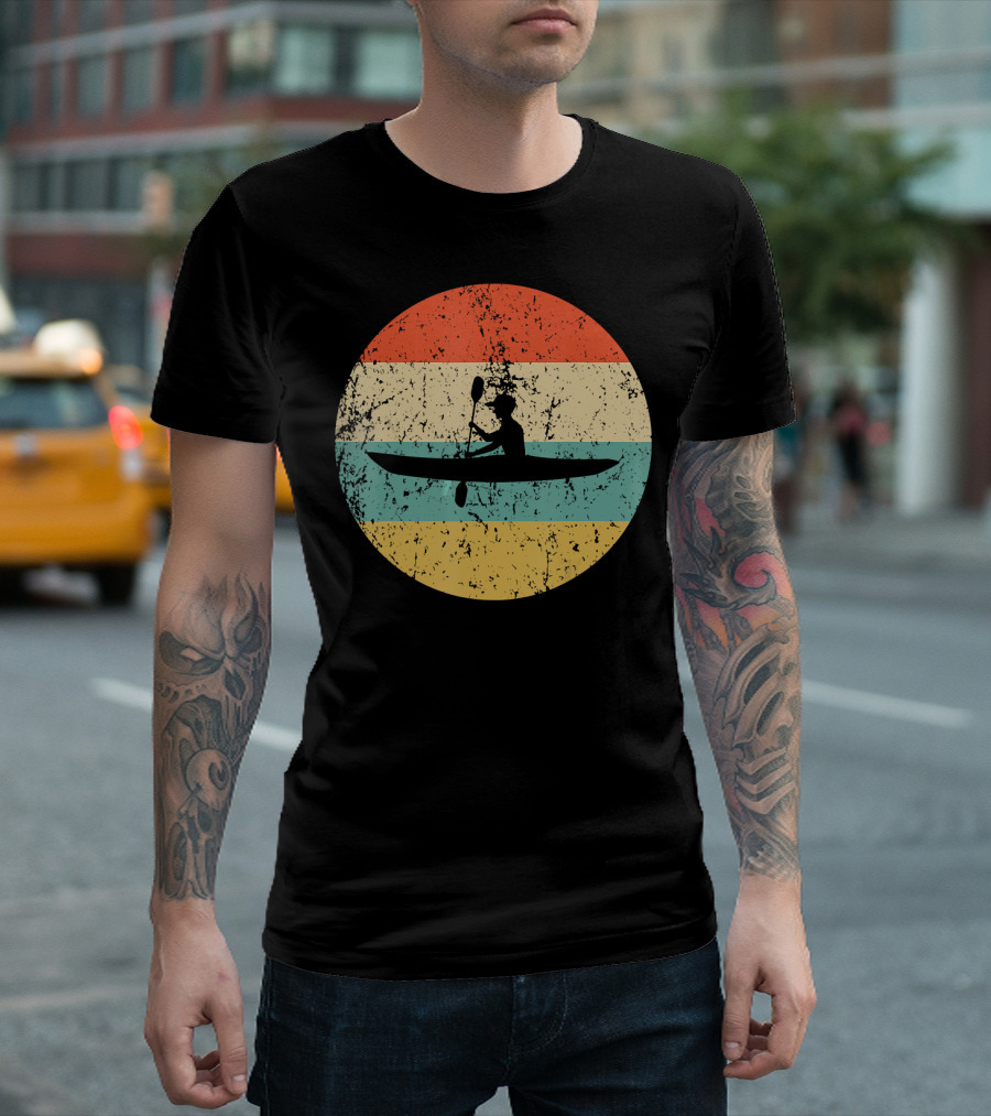 Vintage Retro Kayaking Silhouette in Striped Circle T-Shirt