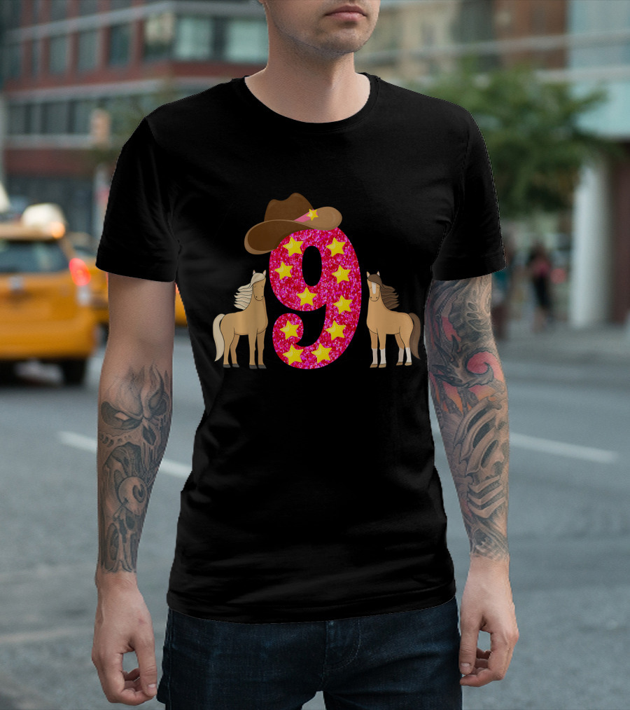 Kids 9 Year Old Cowgirl Birthday Stars Horses Hat T-Shirt