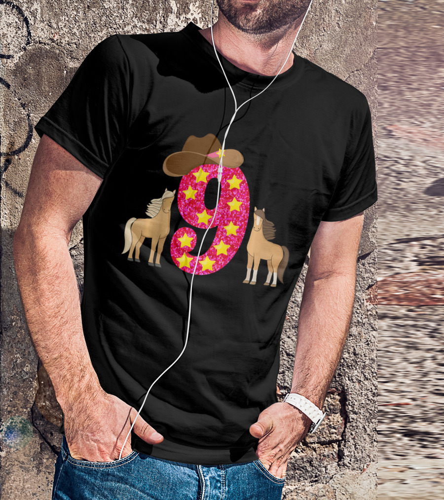 Kids 9 Year Old Cowgirl Birthday Stars Horses Hat T-Shirt