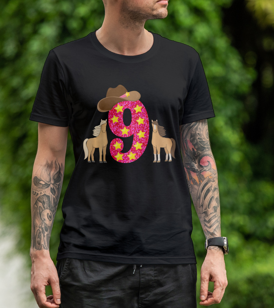 Kids 9 Year Old Cowgirl Birthday Stars Horses Hat T-Shirt