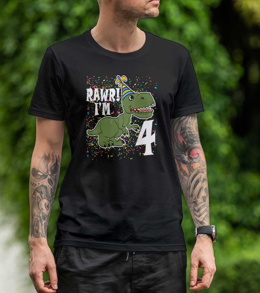 RAWR I'm 4 Dinosaur Birthday 4th Celebration With Party Hat And Confetti T-Shirt