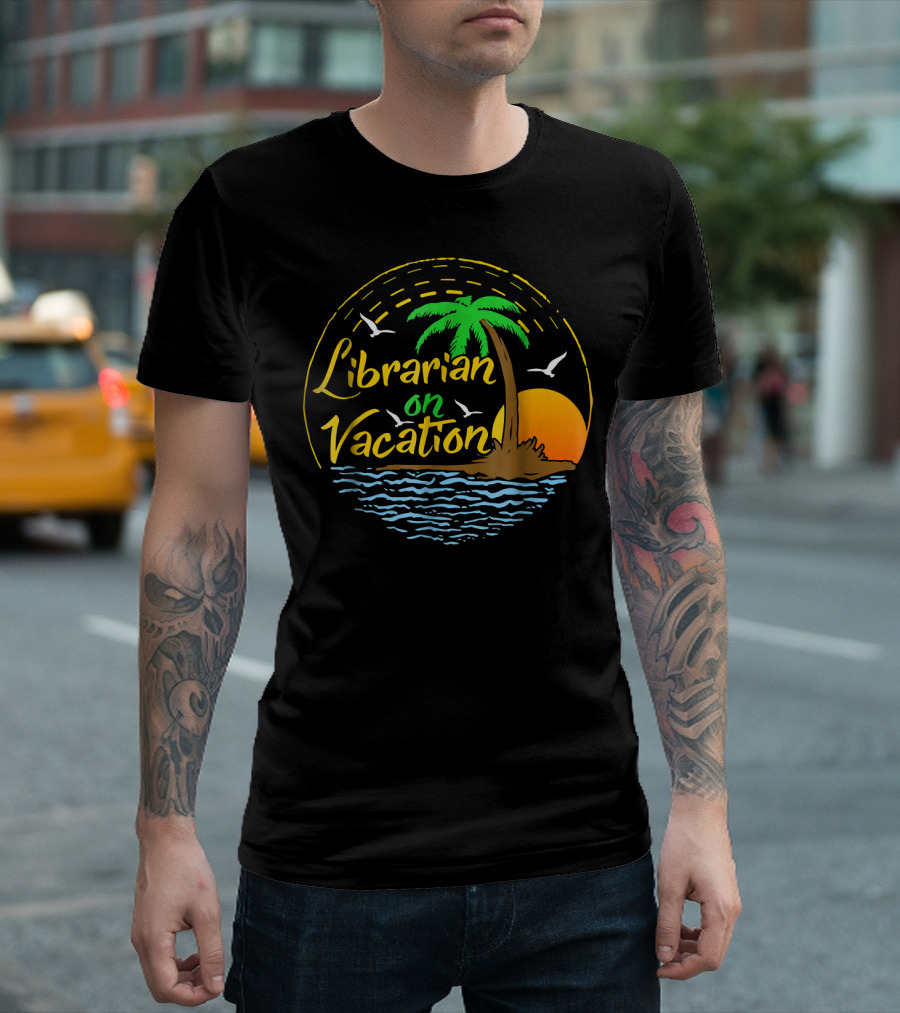 Librarian On Vacation Sunset With Palm Trees And Ocean Waves T-Shirt