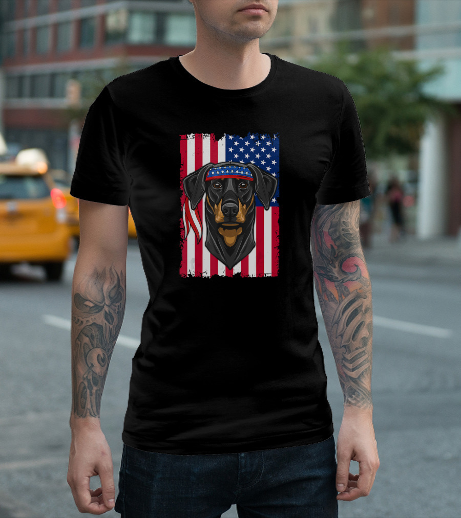 Mens 4th Of July Flag USA Doberman Bandana T-Shirt