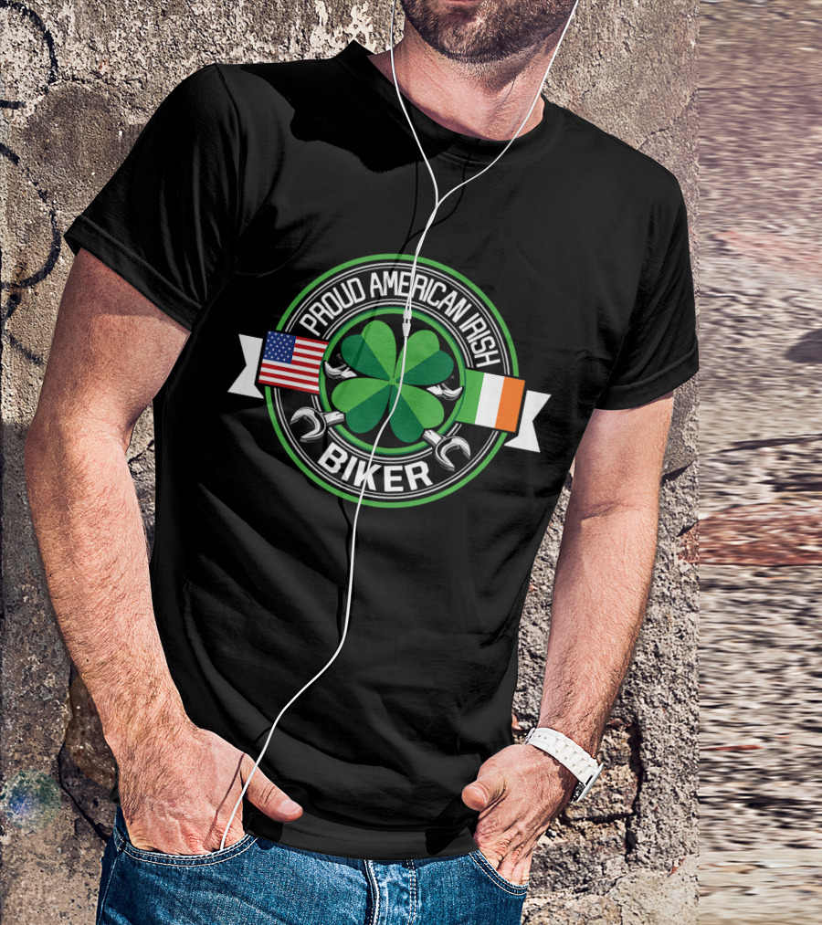 Proud American Irish Biker Clover Flags Wrenches T-Shirt