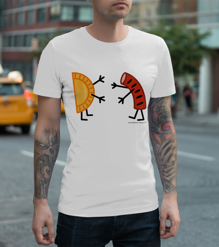Pierogi and Kielbasa Friendly Food Hug Wholesome Cartoon Characters Embrace T-Shirt