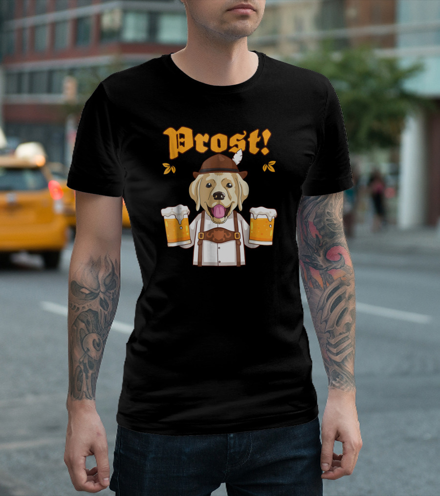 Prost Golden Retriever Holding Beer Mugs in Lederhosen T-Shirt