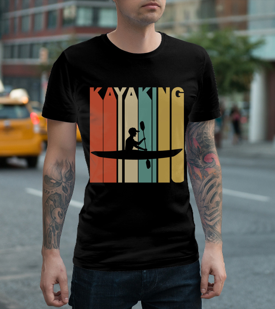 Kayaking Retro 1970's Style Silhouette Vintage Stripes T-Shirt
