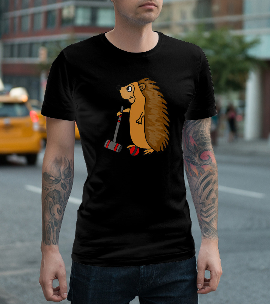 Smiletodaytees Funny Hedgehog Playing Croquet with Mallet and Ball T-Shirt