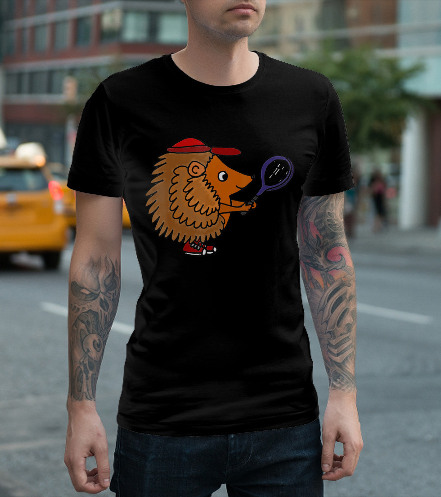 Smiletodaytees Funny Hedgehog Playing Tennis With Red Cap And Sneakers T-Shirt