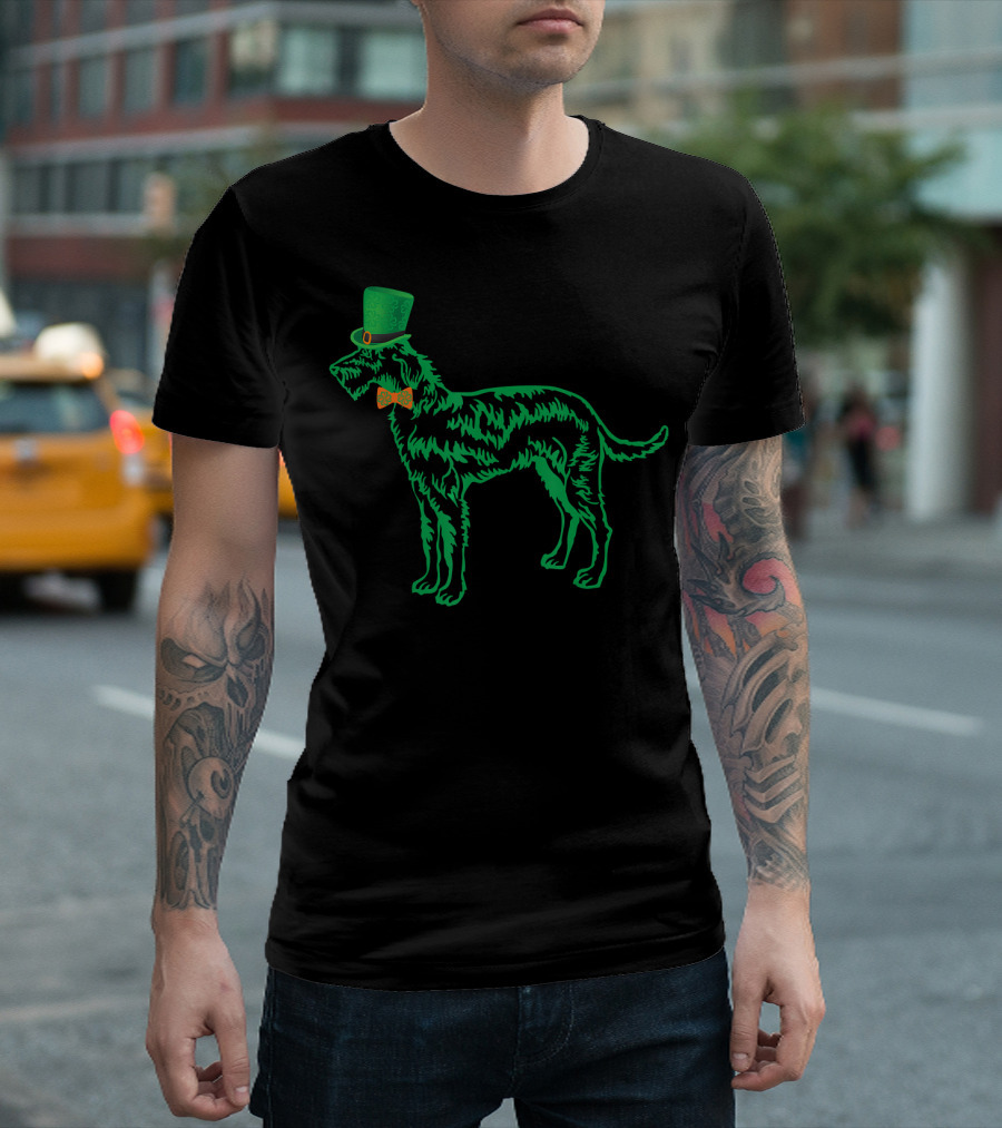 St Patricks Day Irish Wolfhound with Leprechaun Hat and Bow Tie T-Shirt