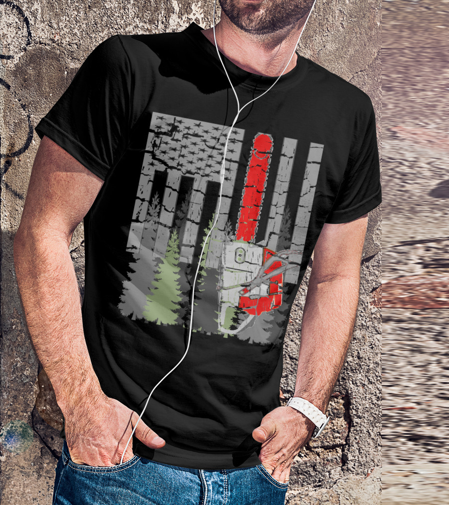 Thin Red Line Chainsaw Forest American Flag T-Shirt