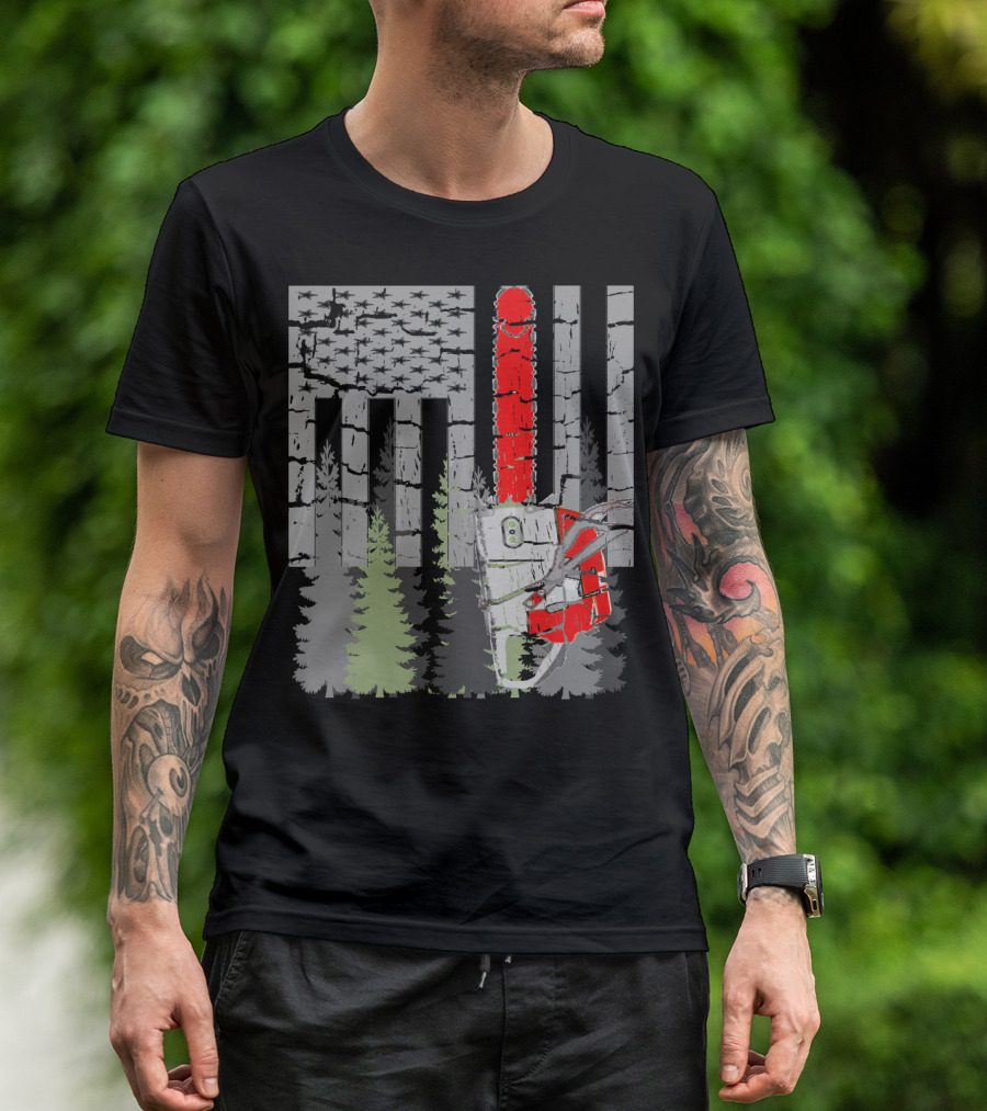 Thin Red Line Chainsaw Forest American Flag T-Shirt