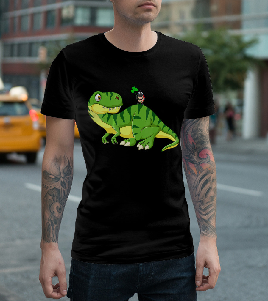 T Rex Dinosaur with Ladybird Holding Clover Leaf T-Shirt