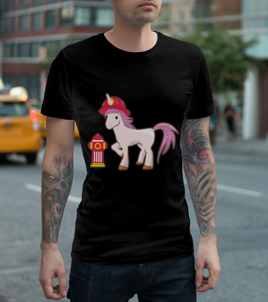 Unicorn Wearing Firefighter Helmet Next to Fire Hydrant T-Shirt