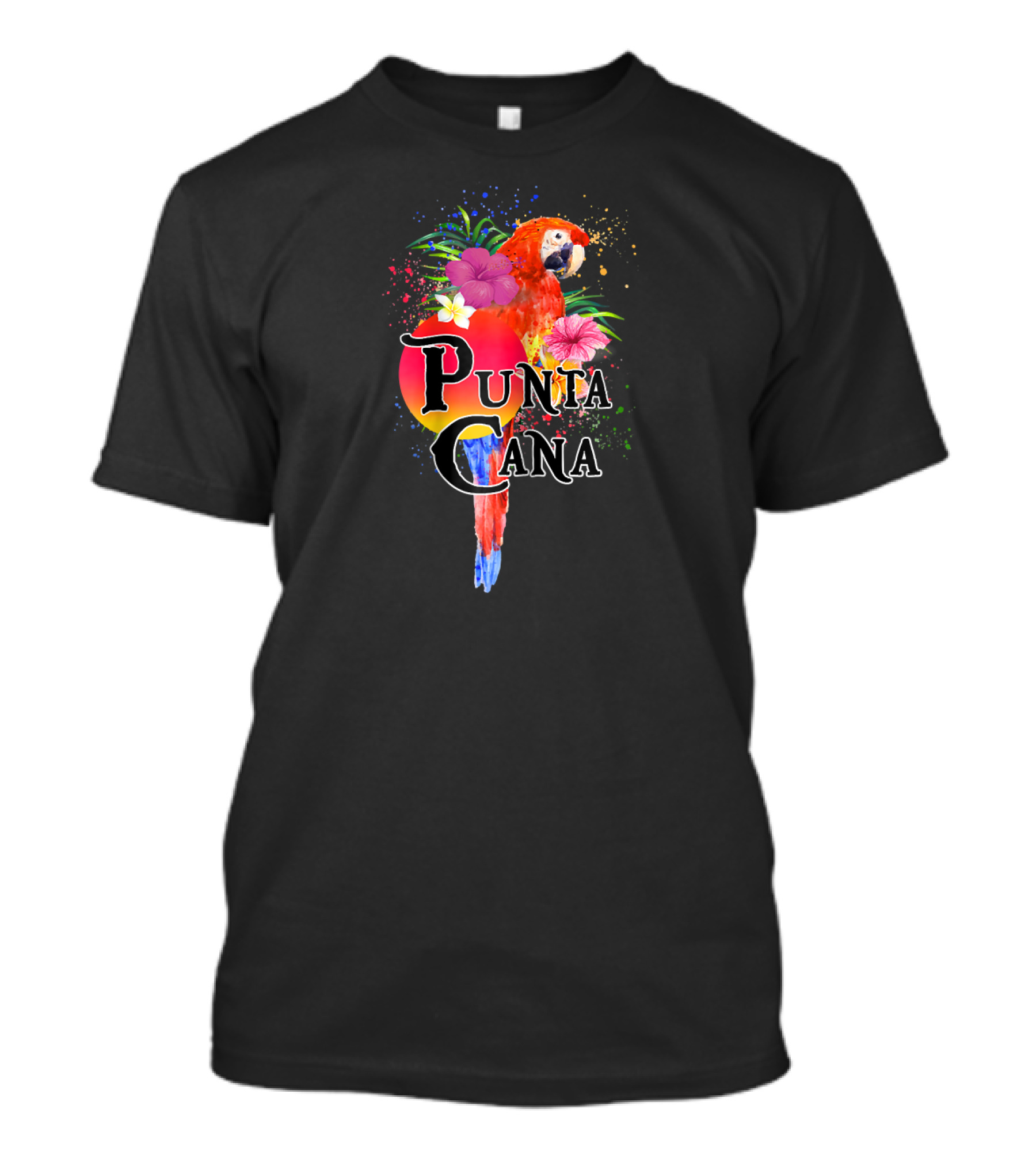 Punta Cana Parrot With Tropical Flowers And Sunburst Colors T-Shirt