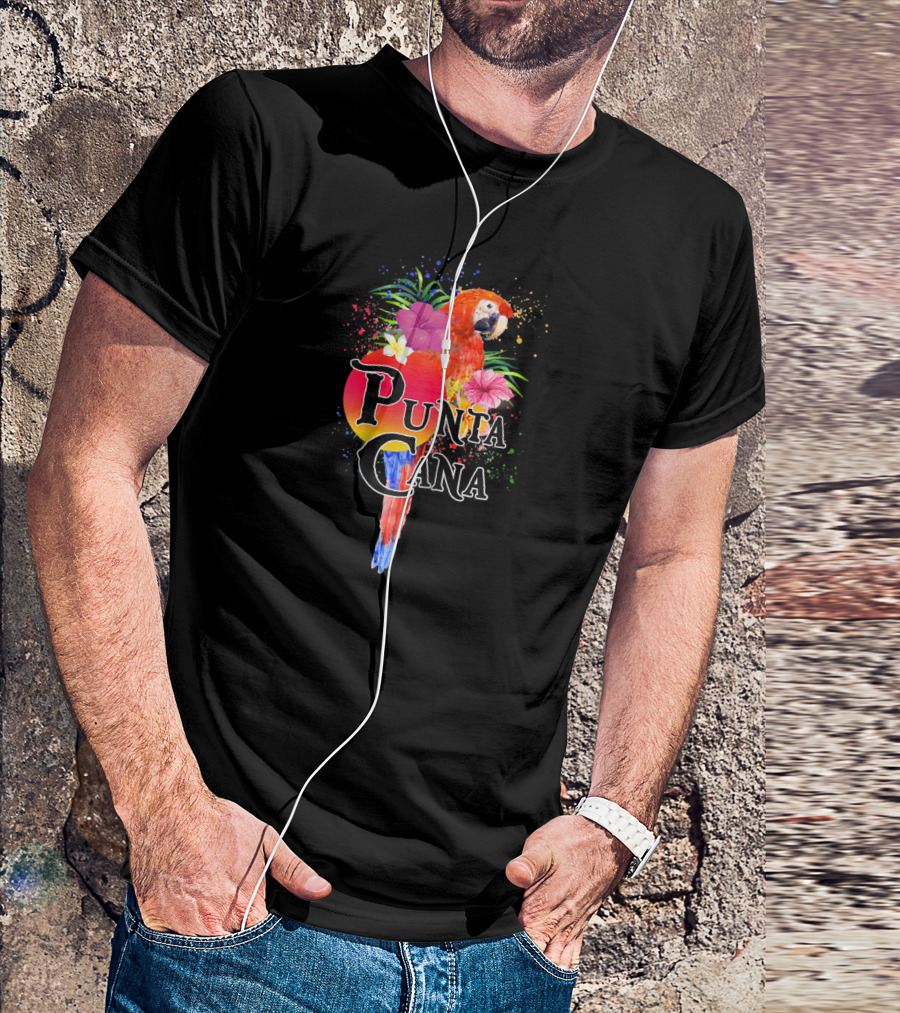 Punta Cana Parrot With Tropical Flowers And Sunburst Colors T-Shirt