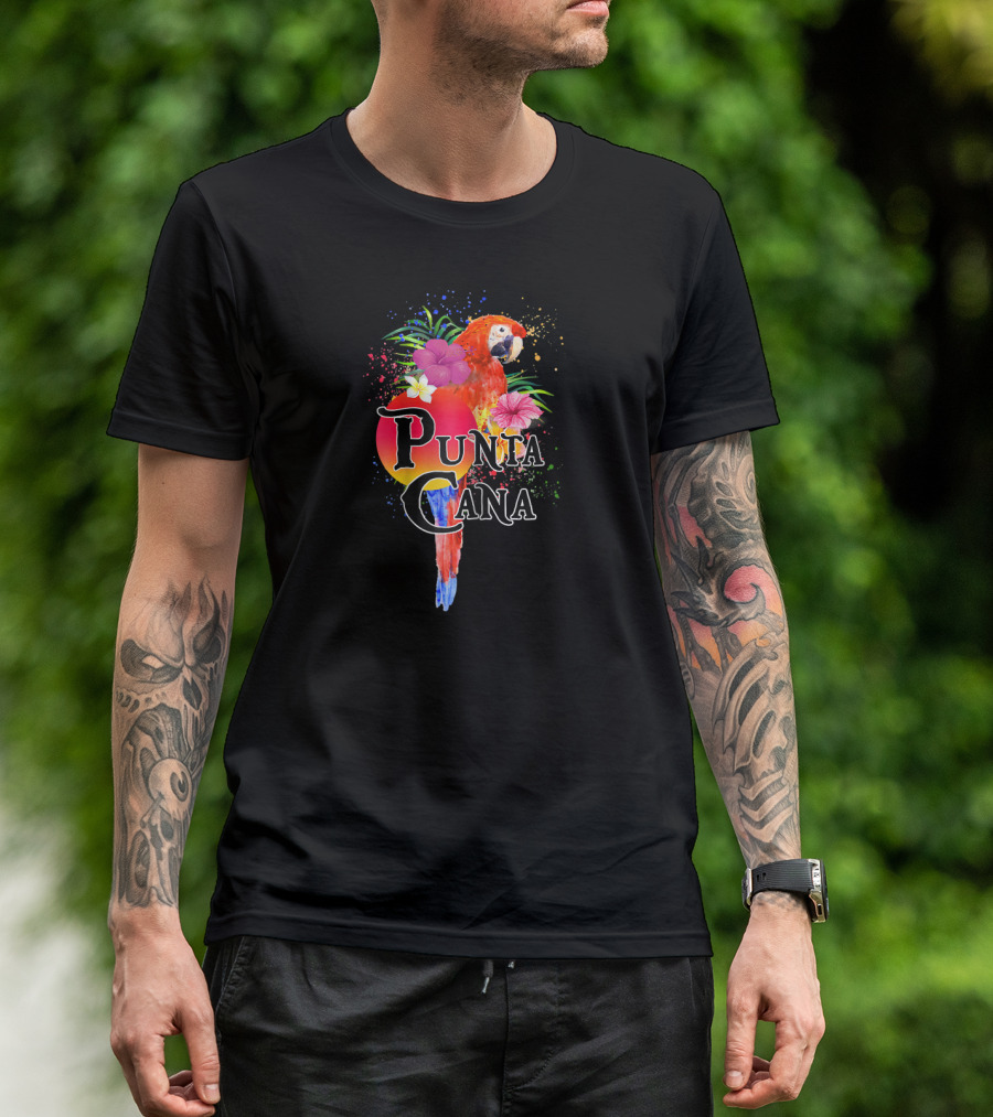 Punta Cana Parrot With Tropical Flowers And Sunburst Colors T-Shirt