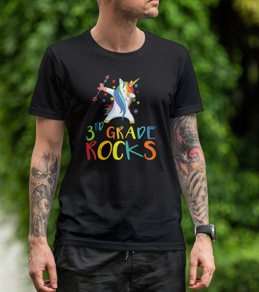 3rd Grade Rocks Funny Unicorn Dabbing With Colorful Stars T-Shirt