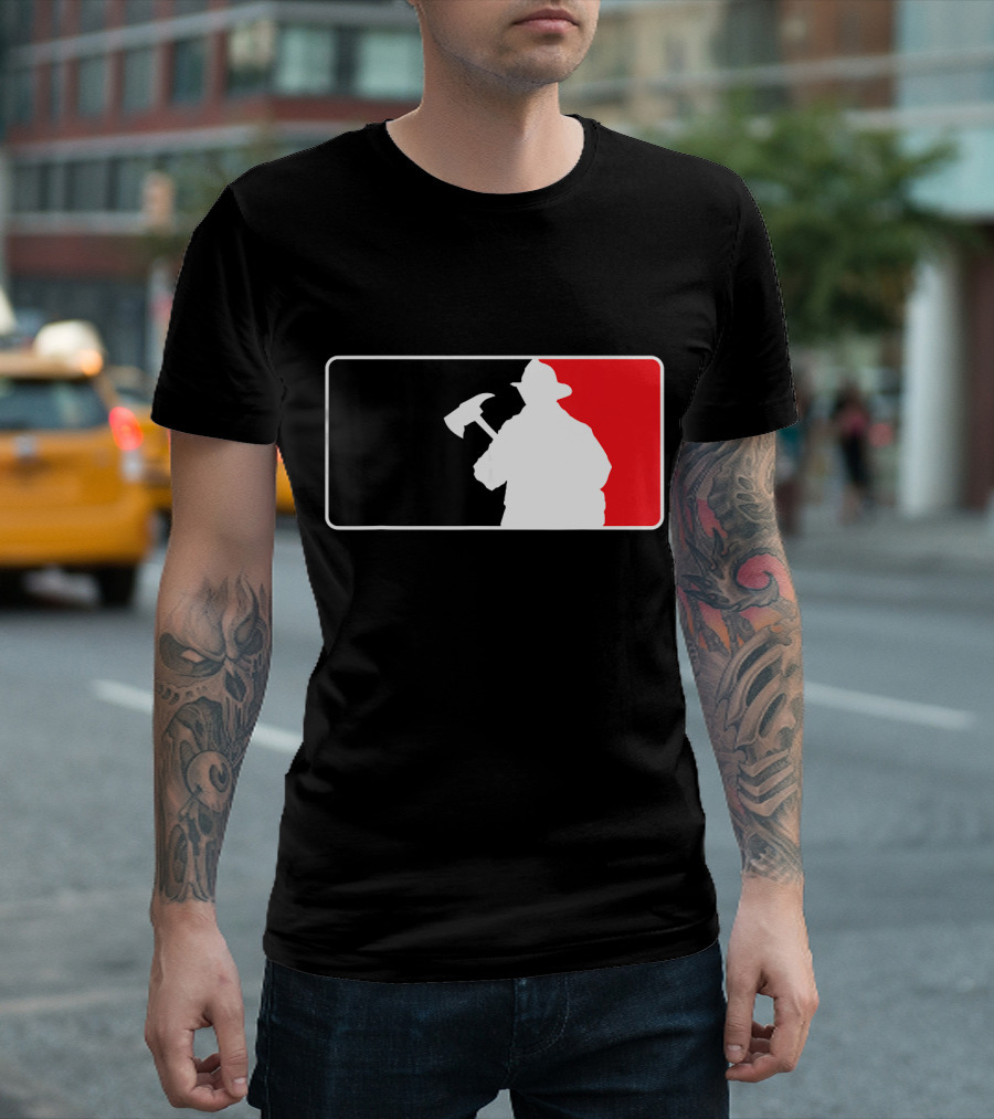 Amdesco Firefighter Holding Axe Silhouette Red Black Graphics T-Shirt