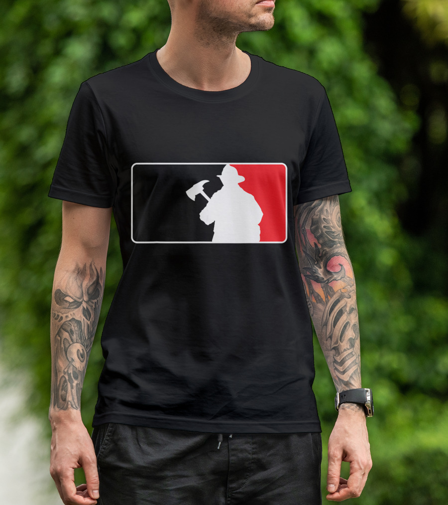 Amdesco Firefighter Holding Axe Silhouette Red Black Graphics T-Shirt