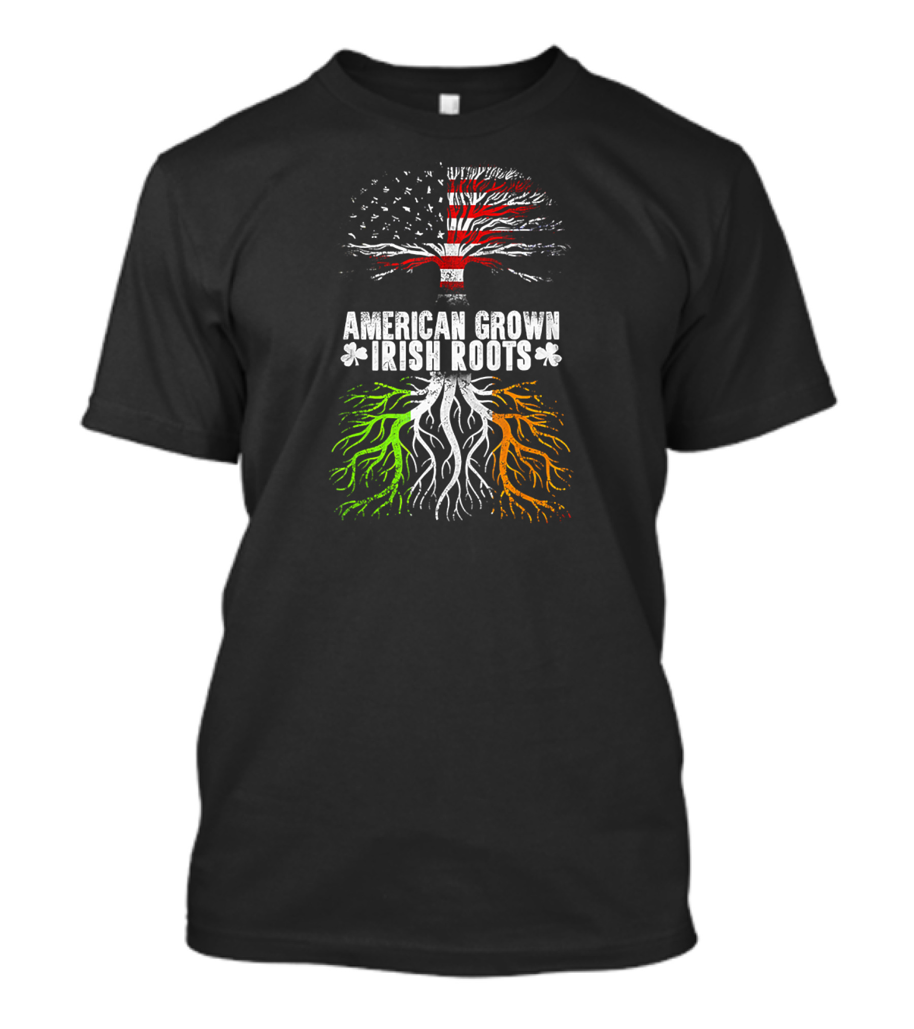 American Grown Irish Roots USA Flag Tree With Shamrock Roots St Patrick's Day T-Shirt