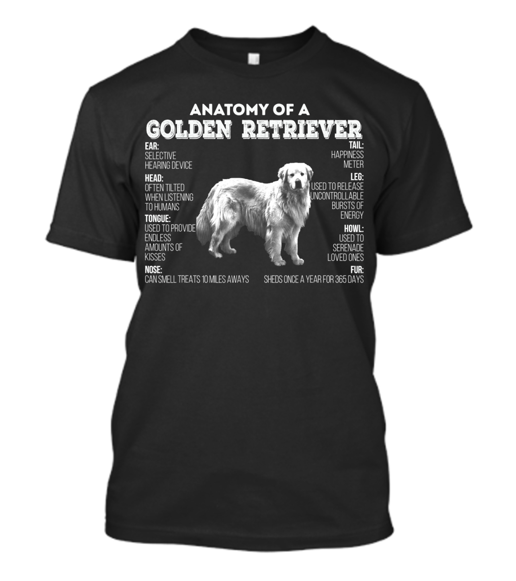 Anatomy Of A Golden Retriever: Selective Hearing Device, Happiness Meter, Energy Bursts, Kisses Provider, Treats Smeller, Yearly Shedding T-Shirt