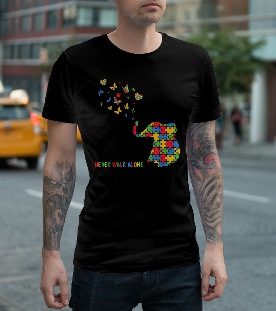 Autism Awareness Elephant Never Walk Alone Puzzle Pattern Butterflies Hearts T-Shirt