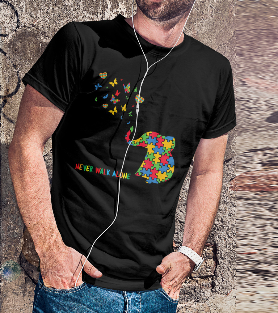 Autism Awareness Elephant Never Walk Alone Puzzle Pattern Butterflies Hearts T-Shirt