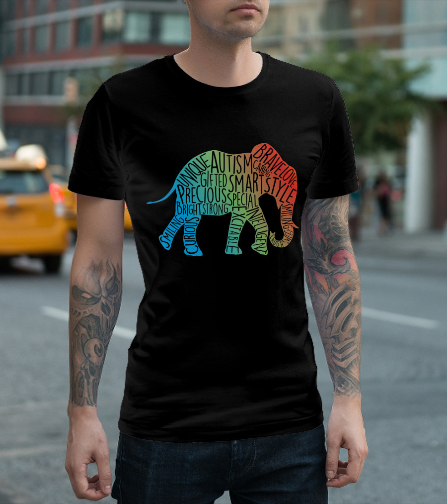 Autism Awareness Elephant Word Collage Brave Unique Gifted Smart Precious Special Strong Bright Curious Smiling T-Shirt