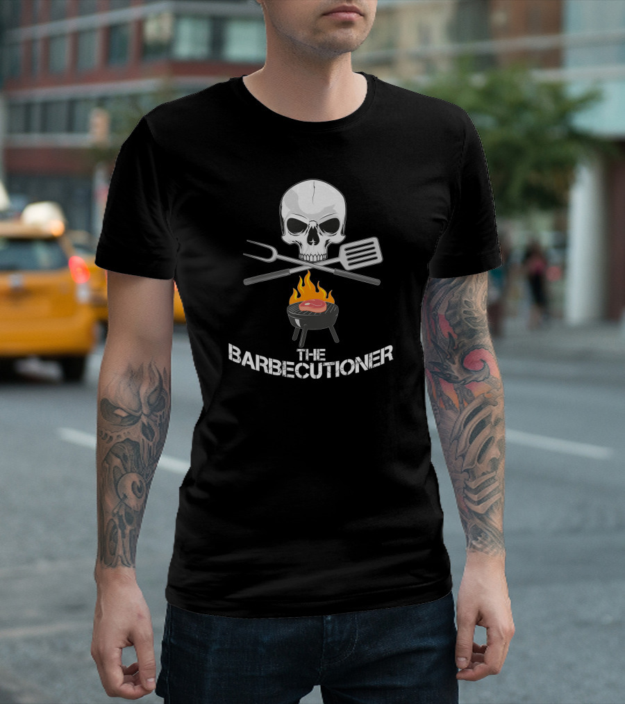 The Barbecutioner Skull and Crossed Utensils with Flaming Grill T-Shirt