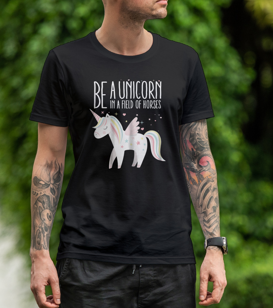 BE A UNICORN IN A FIELD OF HORSES With Pastel Winged Unicorn And Stars T-Shirt