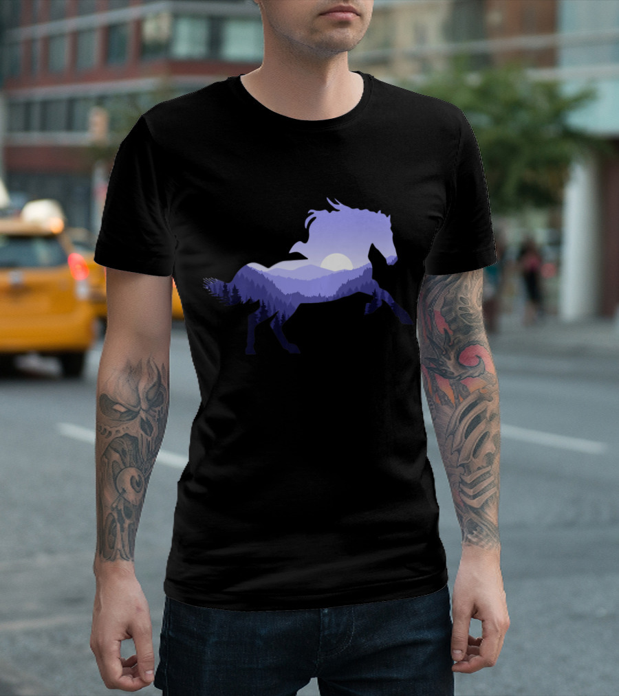 Galloping Horse Silhouette with Moonlit Forest Mountain Scene T-Shirt