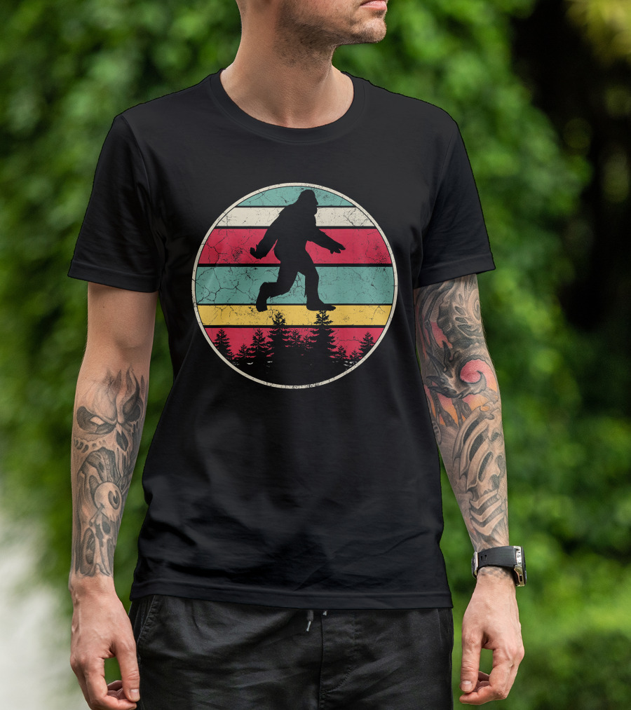 Bigfoot Sasquatch Retro Vintage 70's 80's Silhouette Forest Stripes T-Shirt