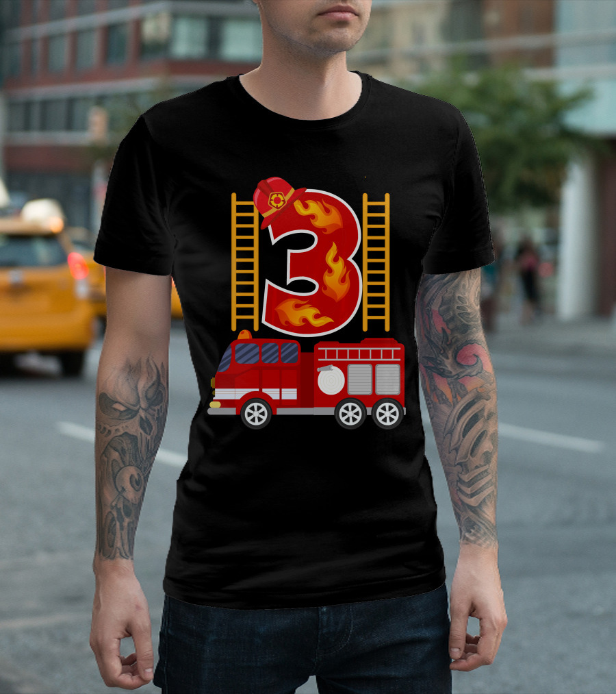 Birthday Number 3 Firetruck Firefighter Hat T-Shirt