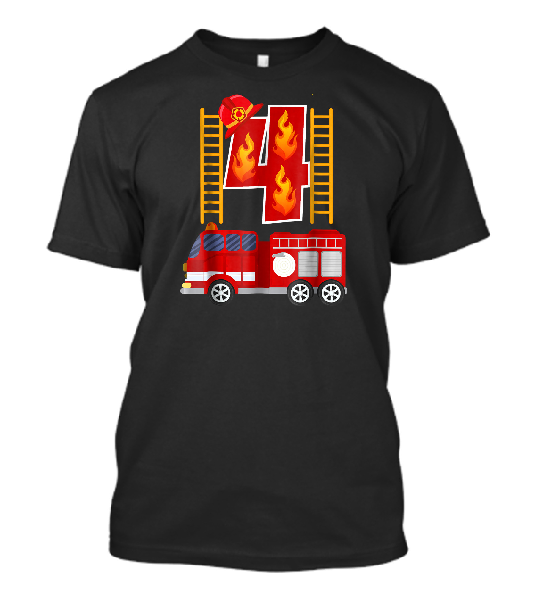 Firefighter Birthday Number 4 With Firetruck And Ladder T-Shirt