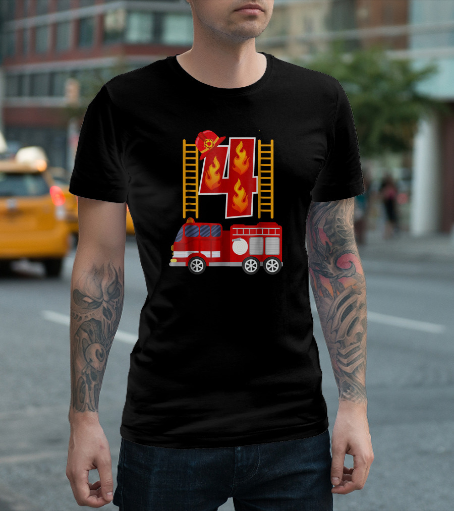 Firefighter Birthday Number 4 With Firetruck And Ladder T-Shirt